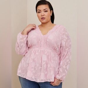 NWT Torrid Bleached Mauve Clip Floral Babydoll Long Sleeve